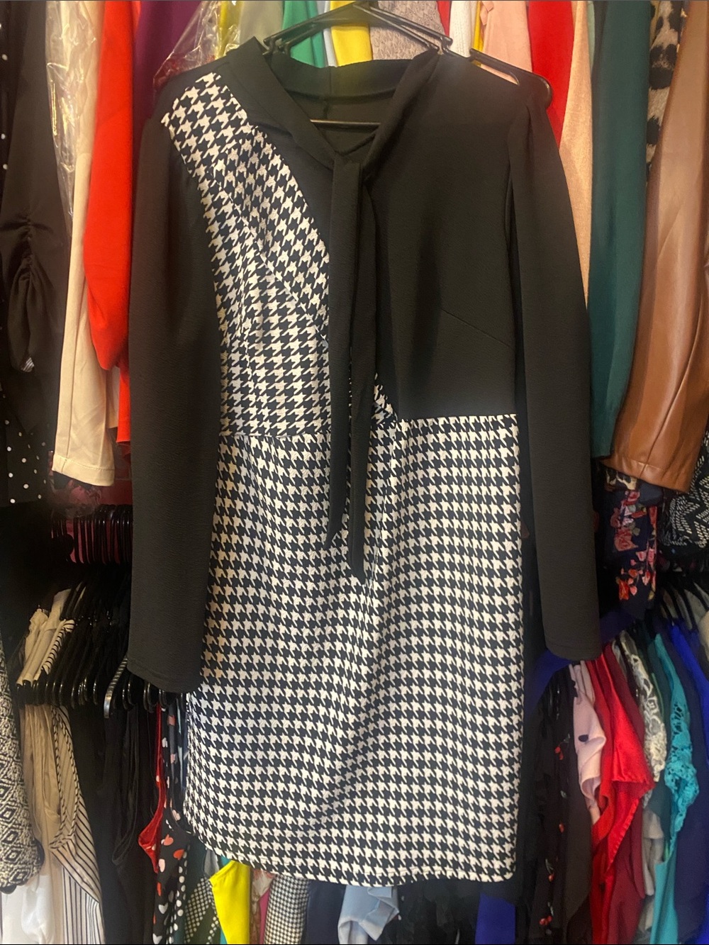 SHEIN Black & White Houndstooth Long Sleeve Dress